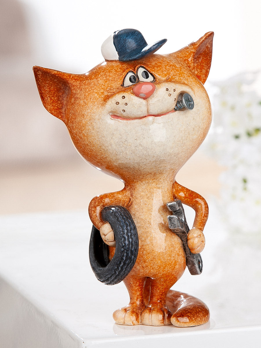 Dekofigur FixiCat Katze Schrauber Orange Poly 13,5cm