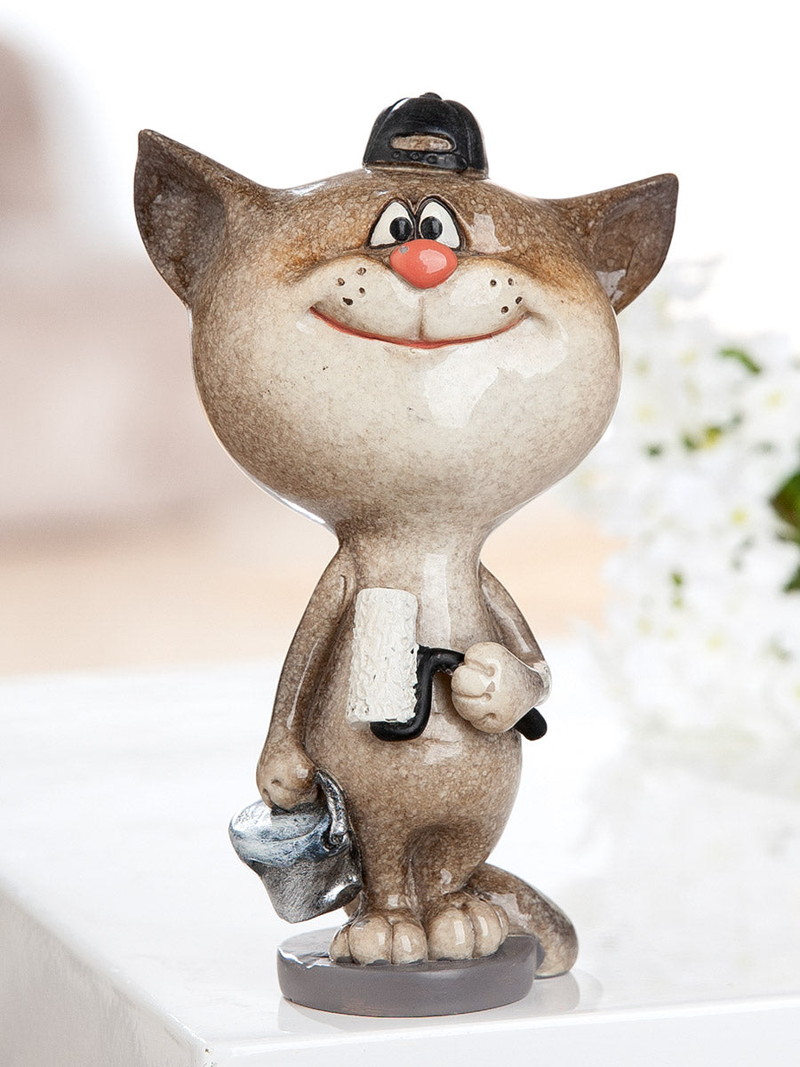 Dekofigur PaintCat Katze Maler Grau Weiß Poly 13cm