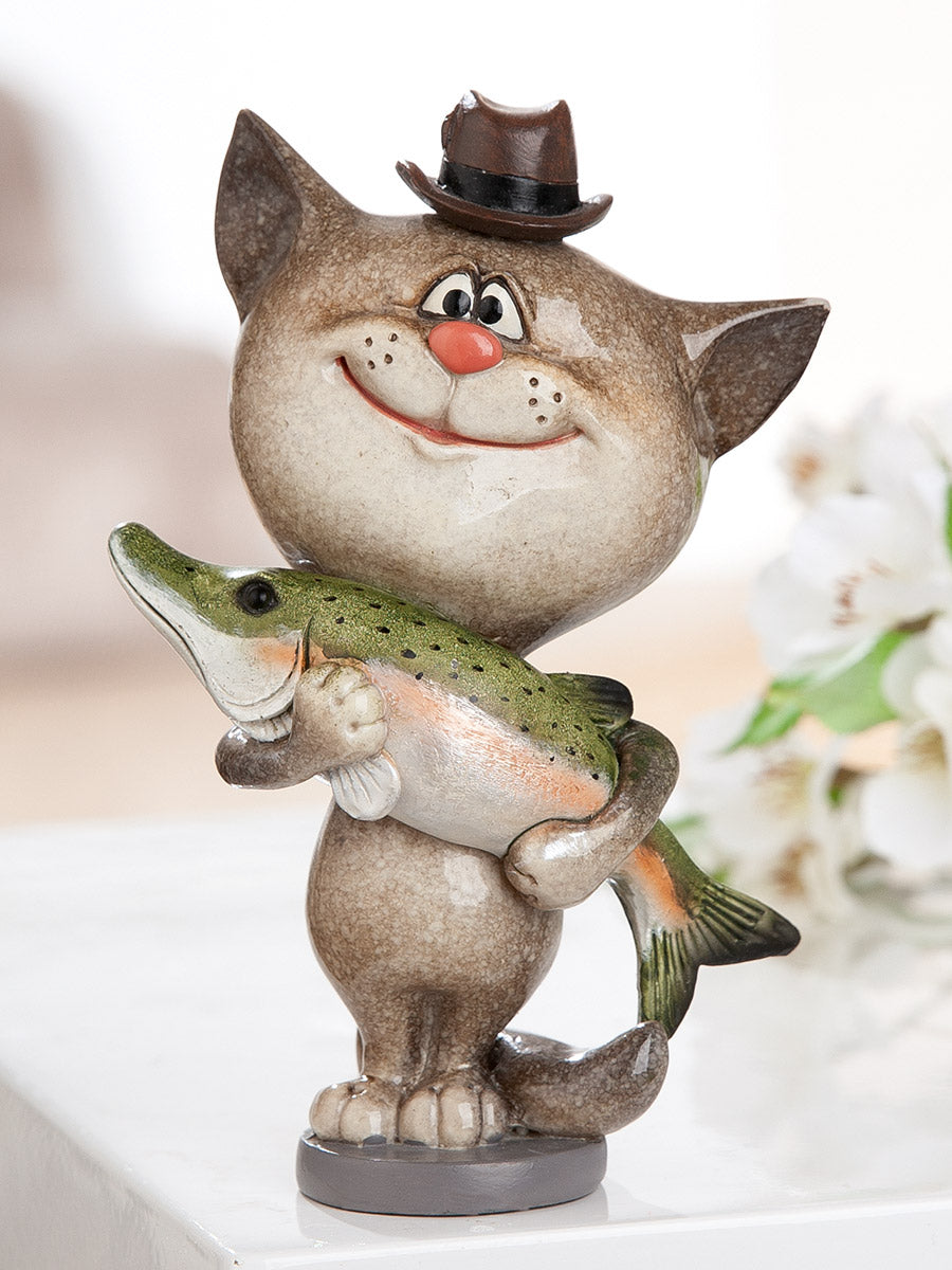 Dekofigur FishyCat Katze Angler Grau Grün Poly 13cm