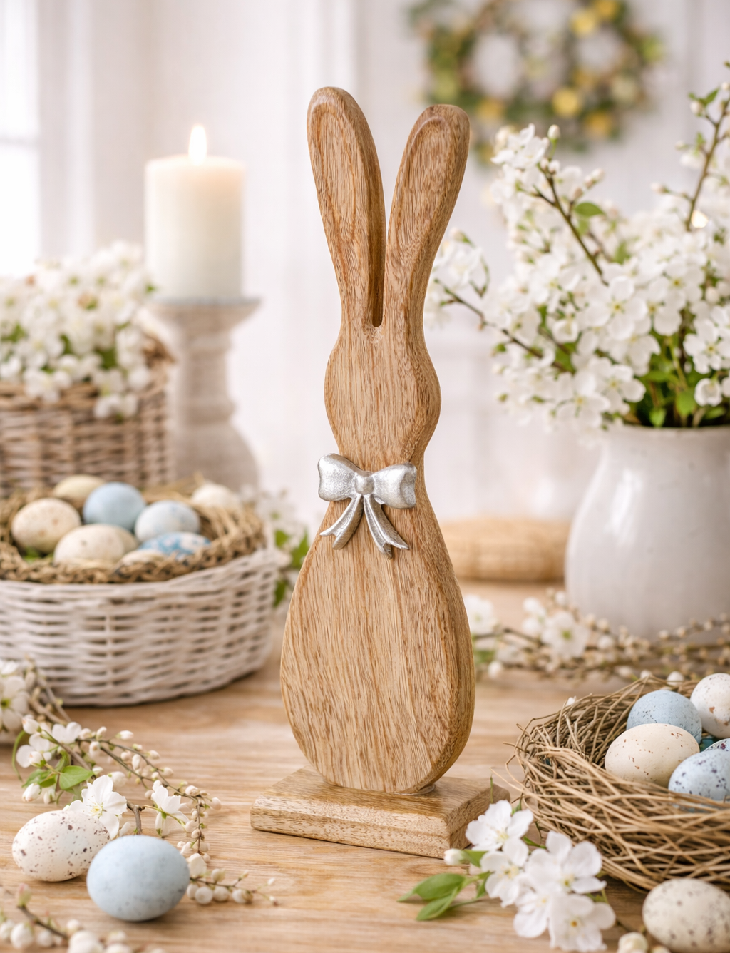 Dekofigur Hase Helmy Holz Natur Silber Mango Holz Osterfigur 30,5cm