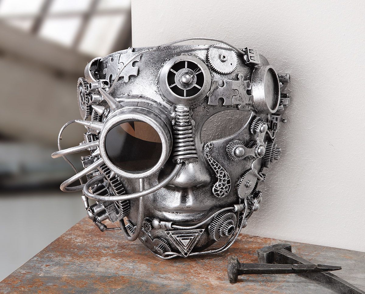 Steampunk Maske Silberfarben mit Zahnrädern und Gummiband