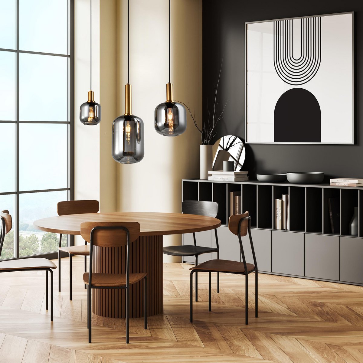 3er Pendelleuchte "FUMO", Pendellampe aus Metall und Glas in Schwarz, mit E14-Fassung, für Esszimmer, Wohnzimmer, Diele oder Büro, Hängelampe 82 cm lang