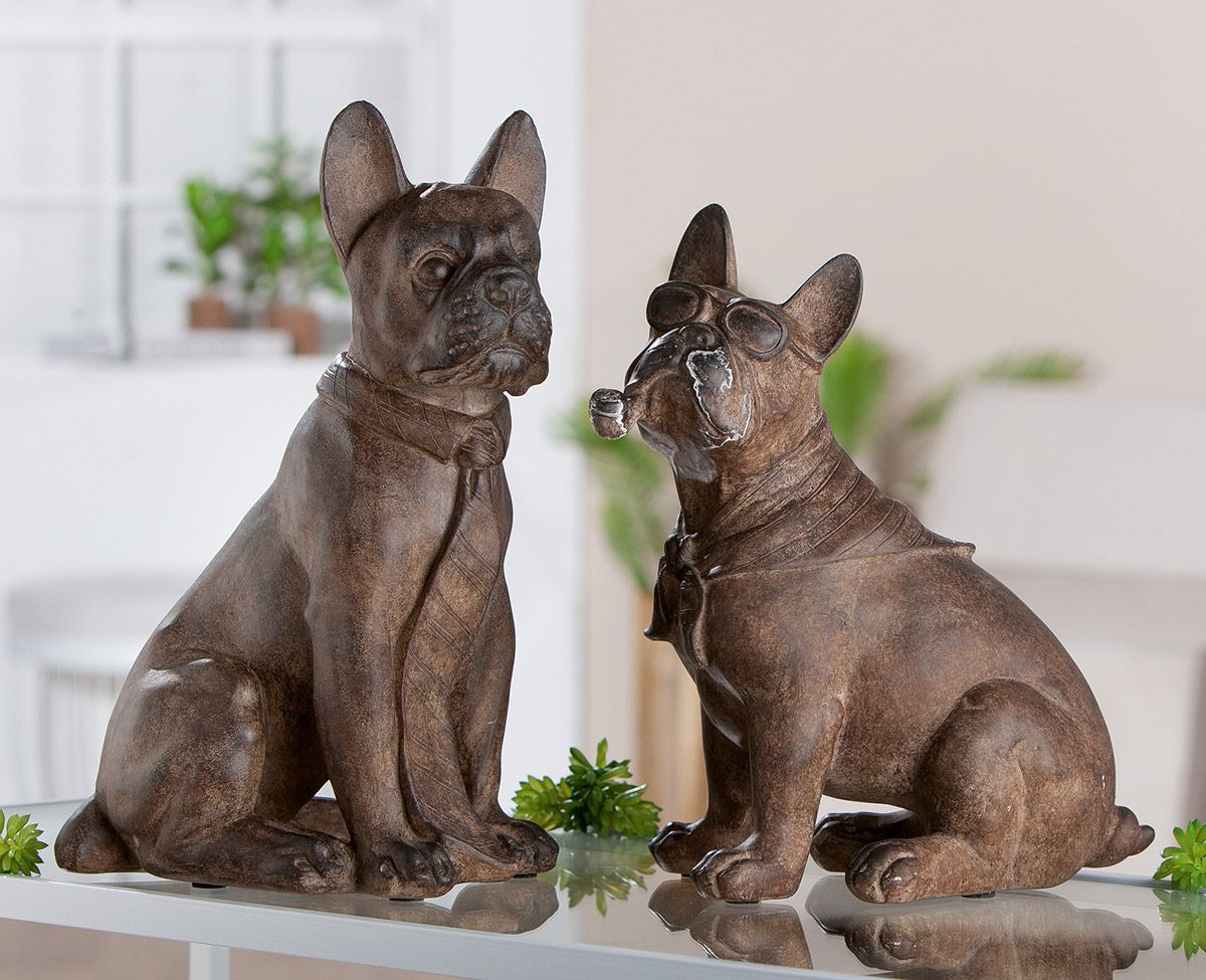 2er Set Bulldoggen Figuren Poly Braun 24 cm