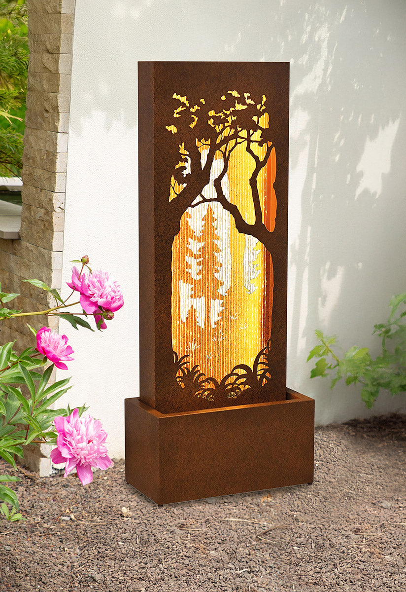 LED Gartenbrunnen Verbania Rechteckig Braun 123cm mit Waldmotiv