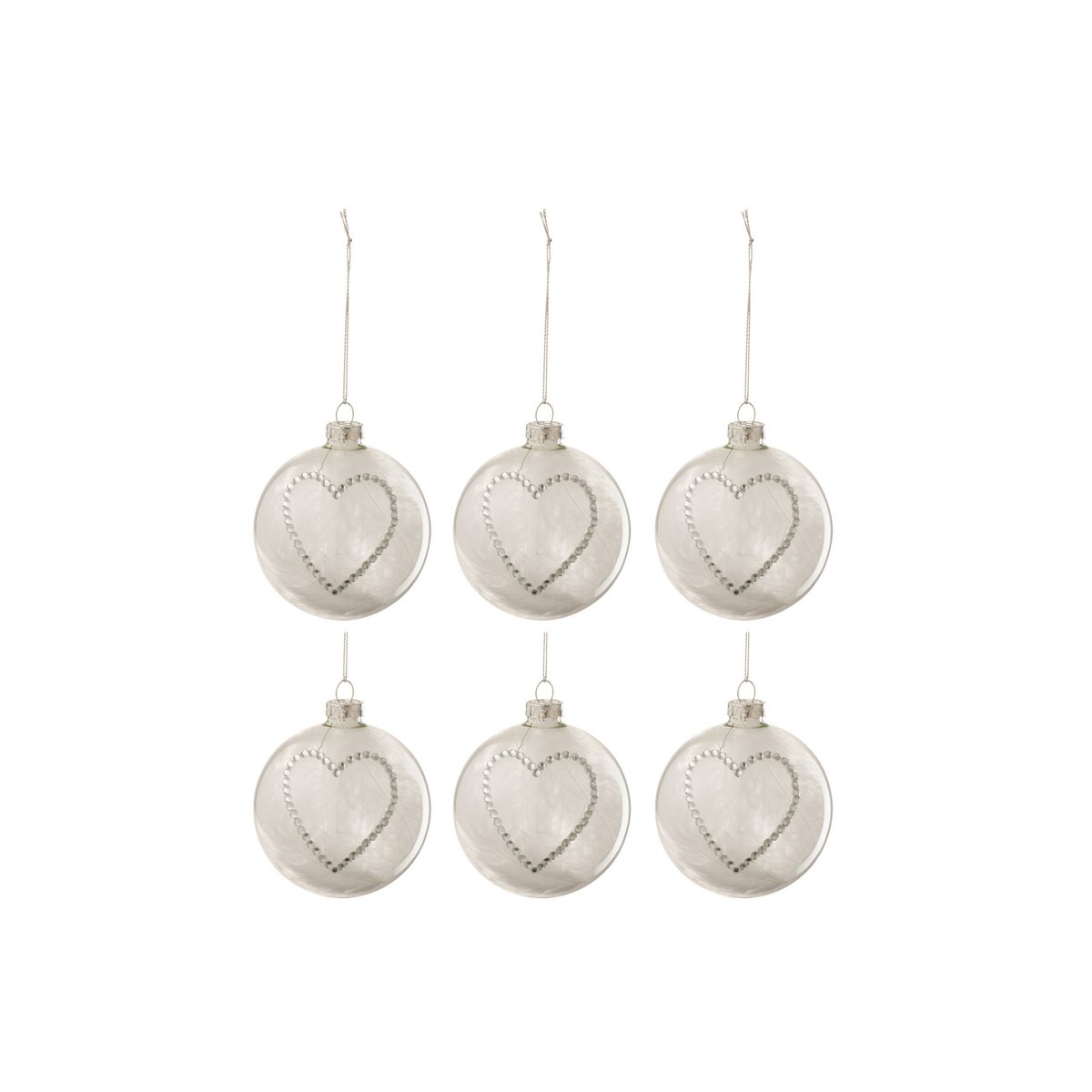 J-Line Box mit 6 Weihnachtskugeln, Herz, Strass, Silber, Pflaume, Weiß, Glas, fertig, klein