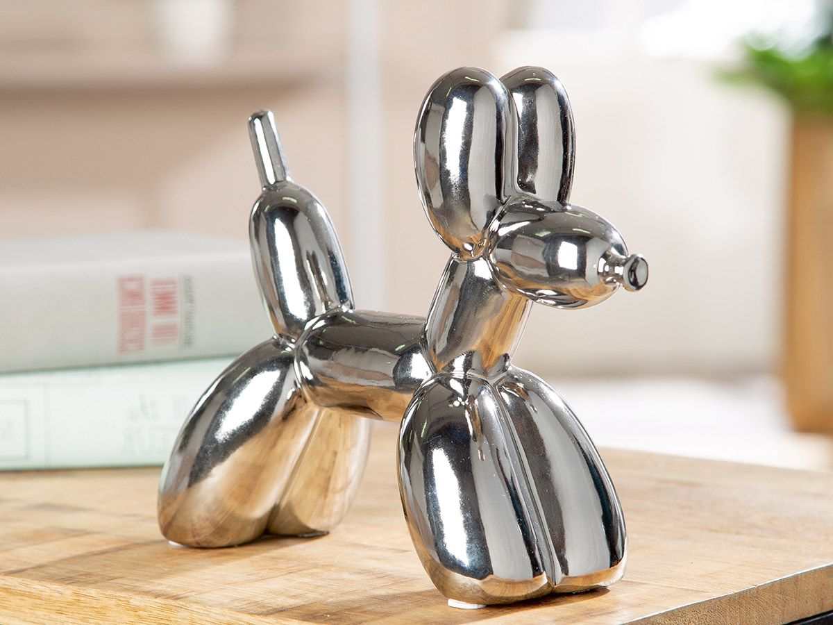 Dekofigur Ballonhund aus Keramik in Silber 20cm Modernes Design