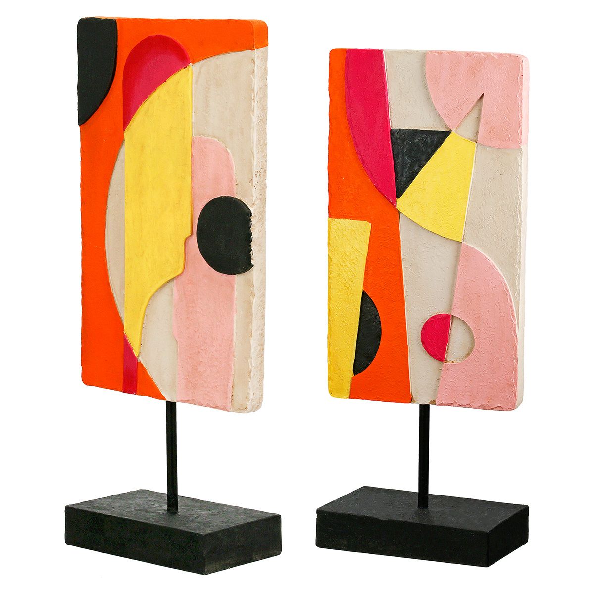 Moderne abstrakte Skulptur im Rechteckformat – Gelb, Orange und Pink