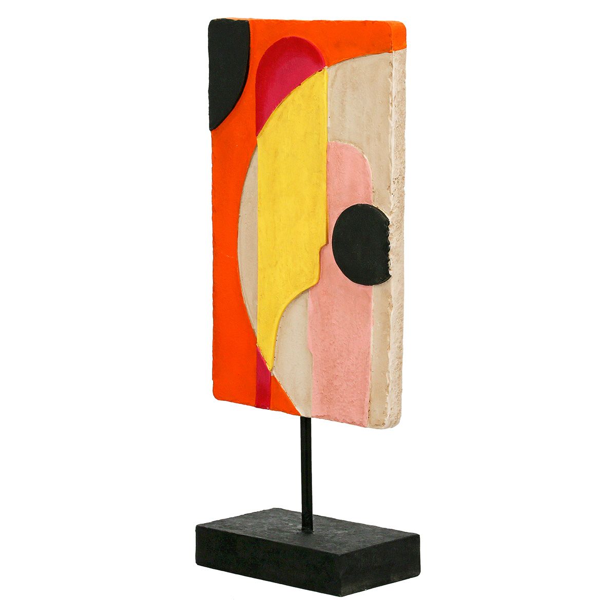Moderne abstrakte Skulptur im Rechteckformat – Gelb, Orange und Pink