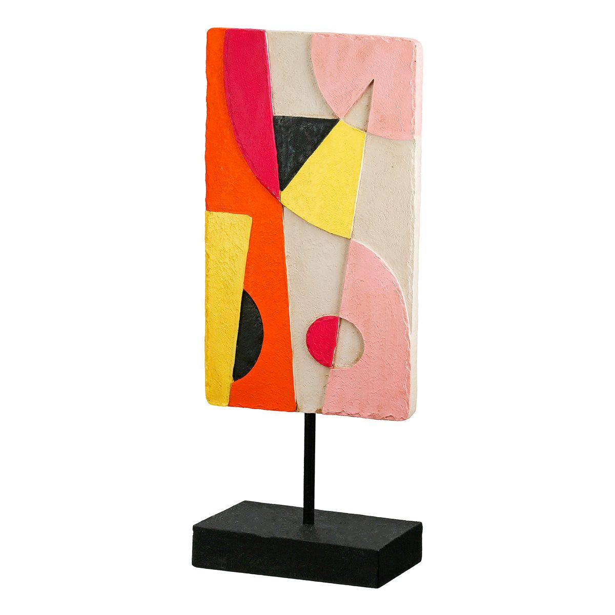 Moderne abstrakte Skulptur im Rechteckformat – Gelb, Orange und Pink