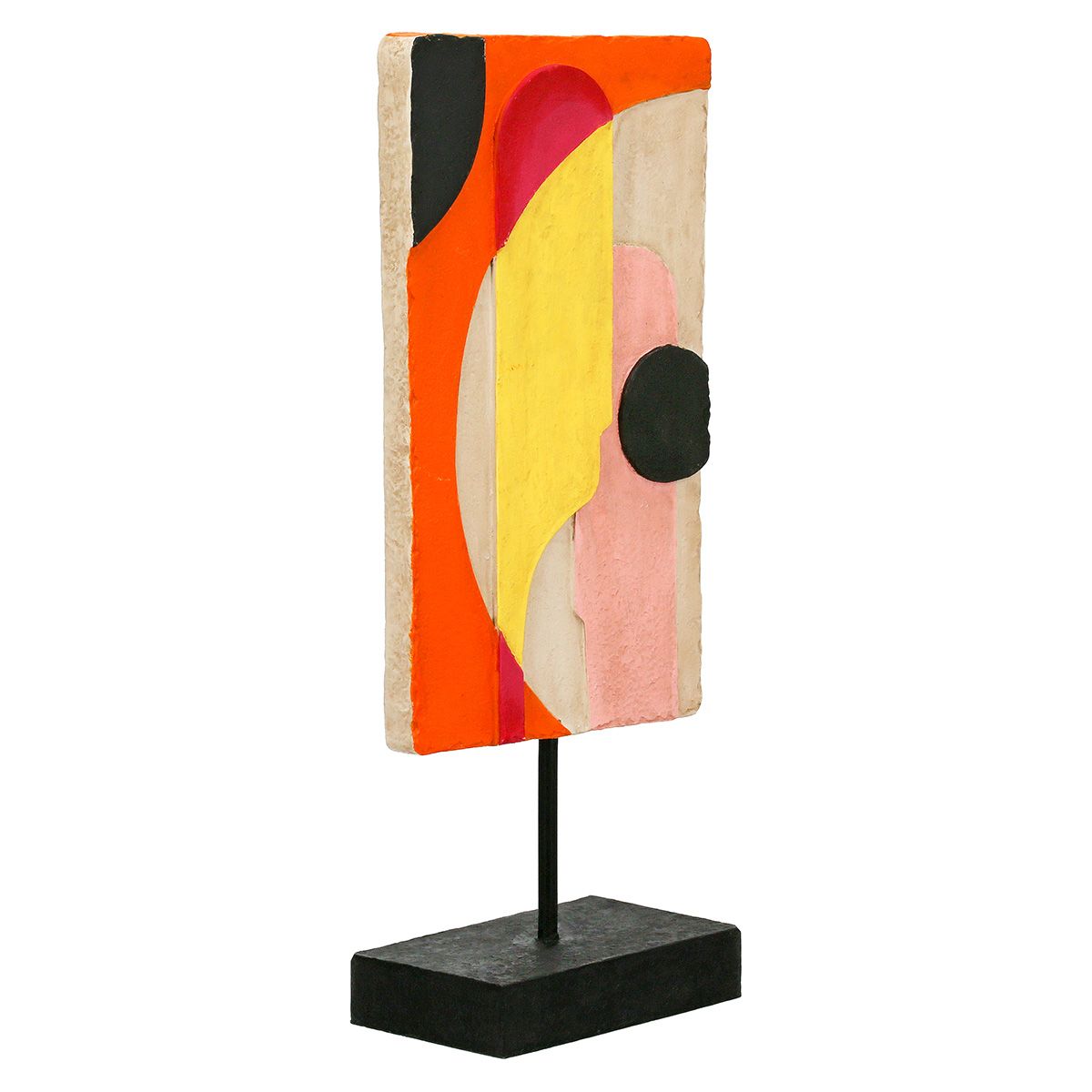 Moderne abstrakte Skulptur im Rechteckformat – Gelb, Orange und Pink