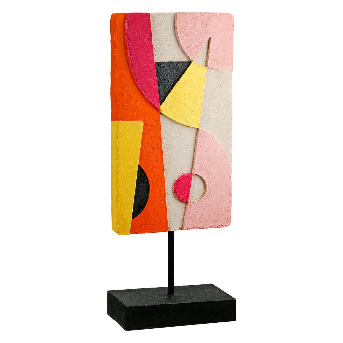 Moderne abstrakte Skulptur im Rechteckformat – Gelb, Orange und Pink