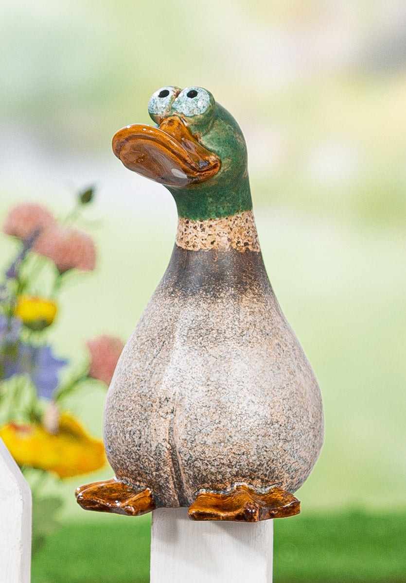 Zaunfigur Gartenfigur Ente Lirondel aus Keramik matt in grün und hellbraun