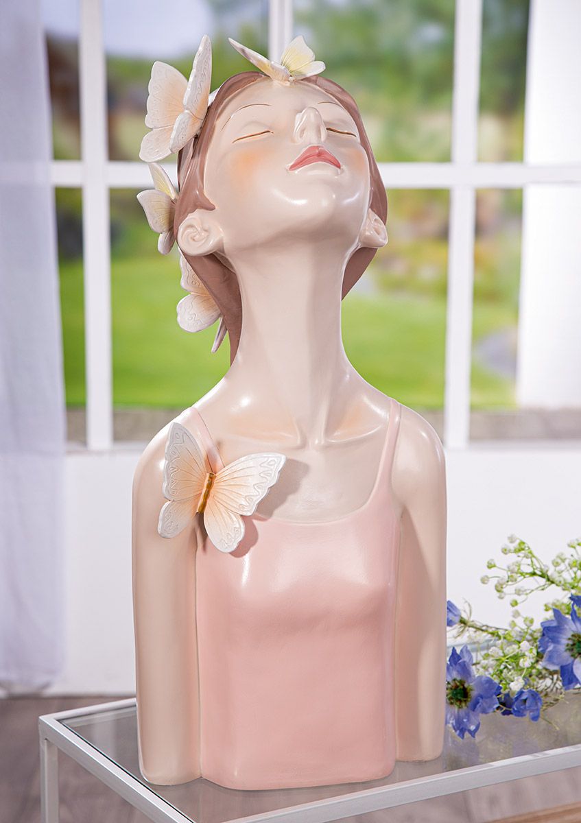 Dekofigur Lady Butterfly Höhe 60cm Schmetterlingsmotiv Kunstharz Rosa Weiß