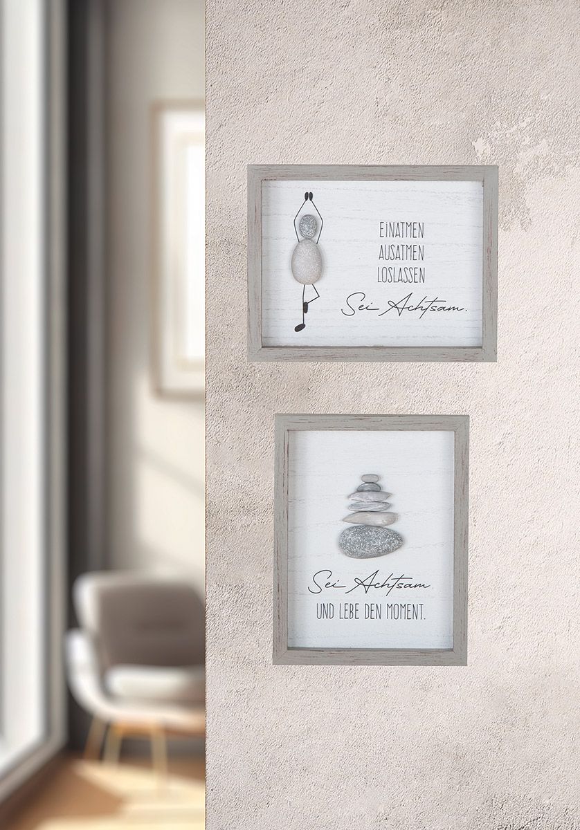Steinbild 2er Set Achtsamkeit mit Spruch aus MDF In Grau 3D Optik