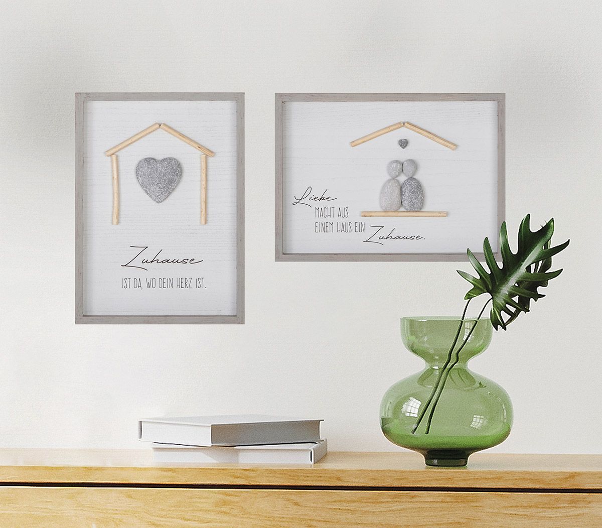 Steinbild Set Zuhause Wandbild mit Spruch und 3D Herzmotiv 46x33 cm 2er Set
