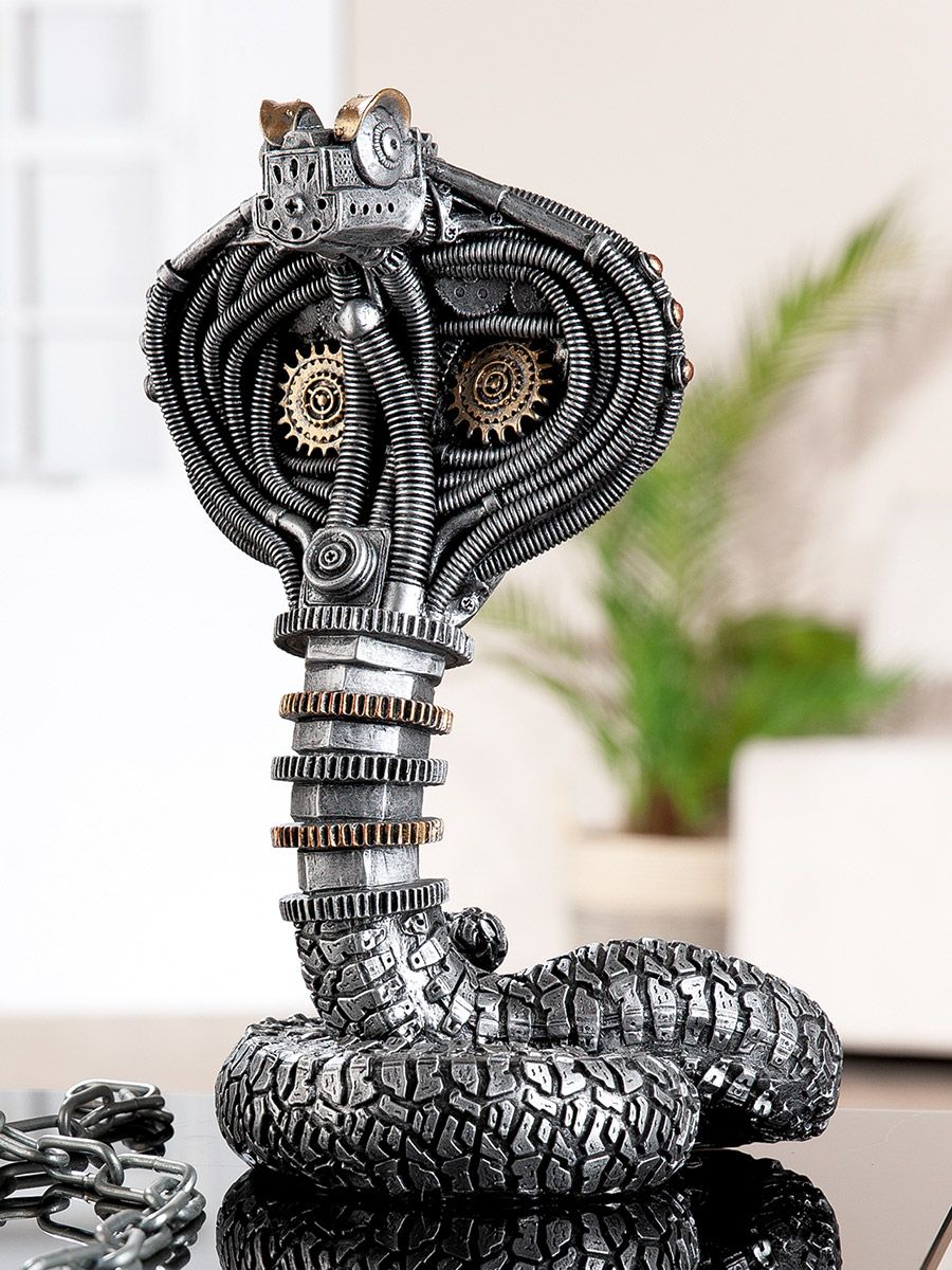 Steampunk Kobra Figur Deko in Silber mit Zahnrädern