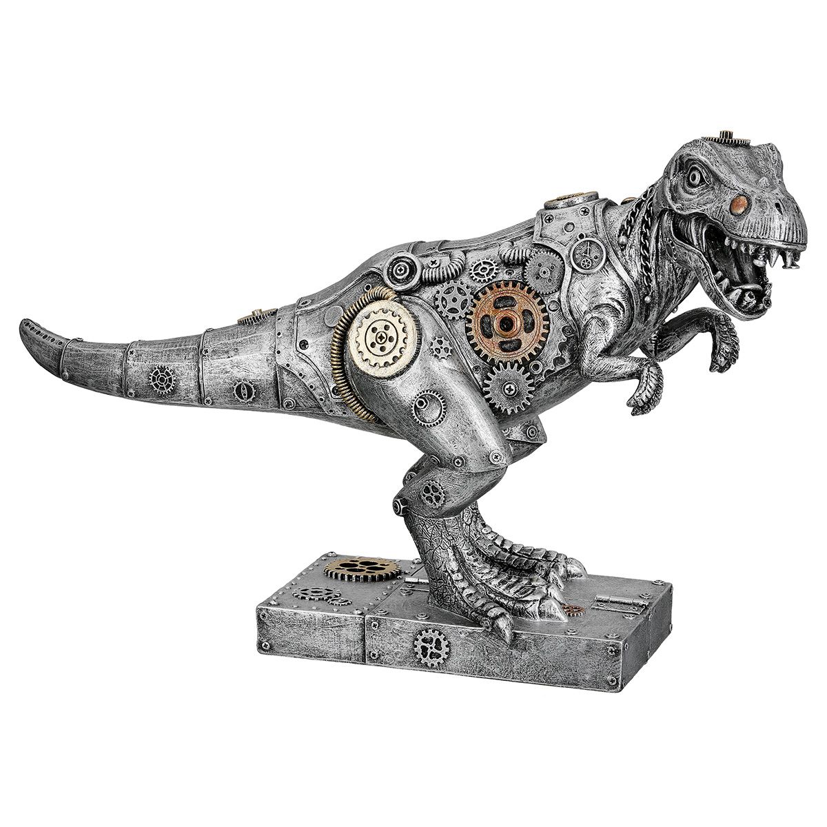 Steampunk T Rex Skulptur Mechanosaurus Rex Silberfarben Dekofigur
