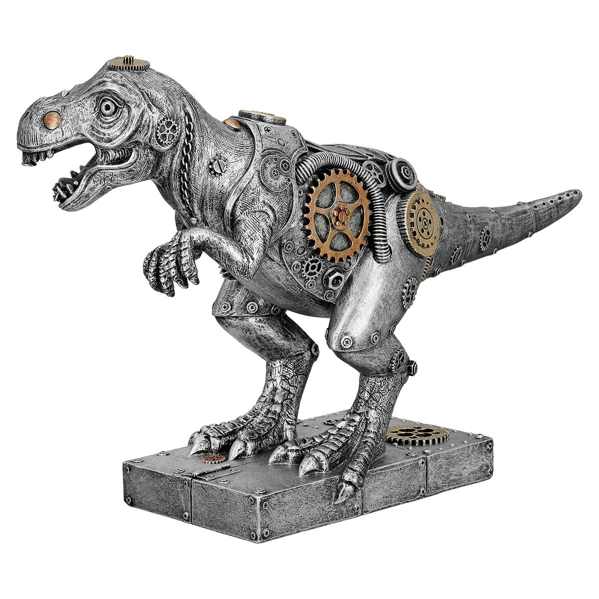 Steampunk T Rex Skulptur Mechanosaurus Rex Silberfarben Dekofigur
