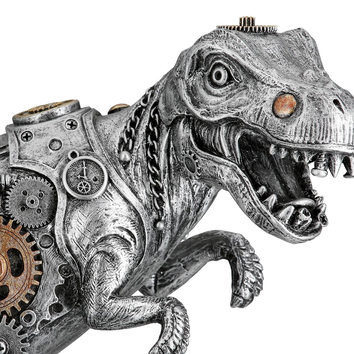 Steampunk T Rex Skulptur Mechanosaurus Rex Silberfarben Dekofigur