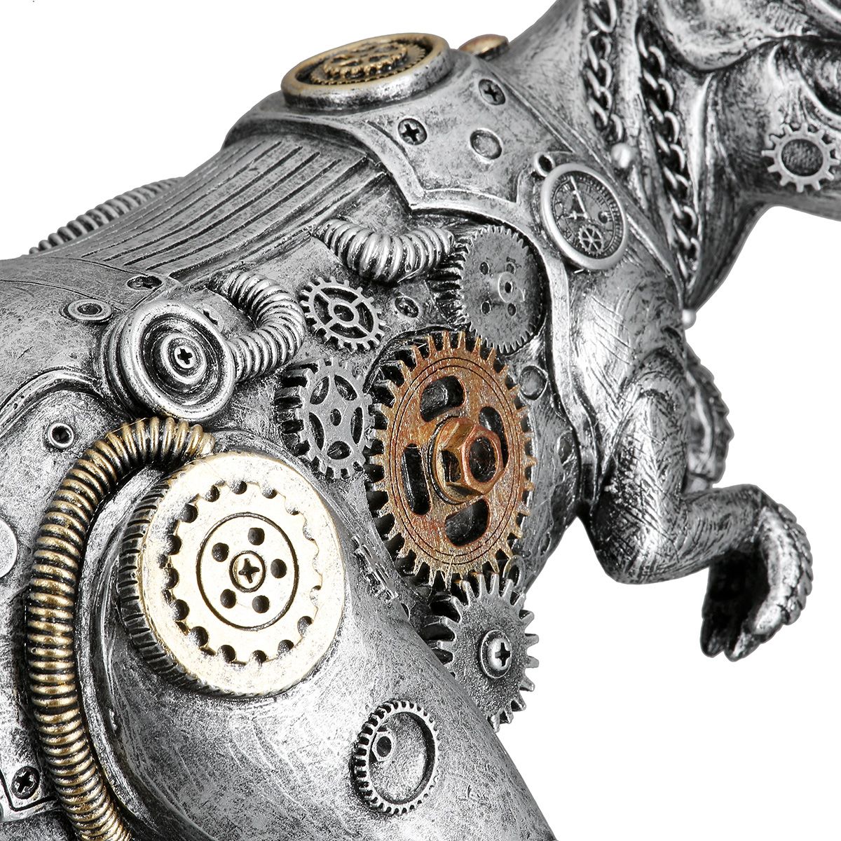 Steampunk T Rex Skulptur Mechanosaurus Rex Silberfarben Dekofigur
