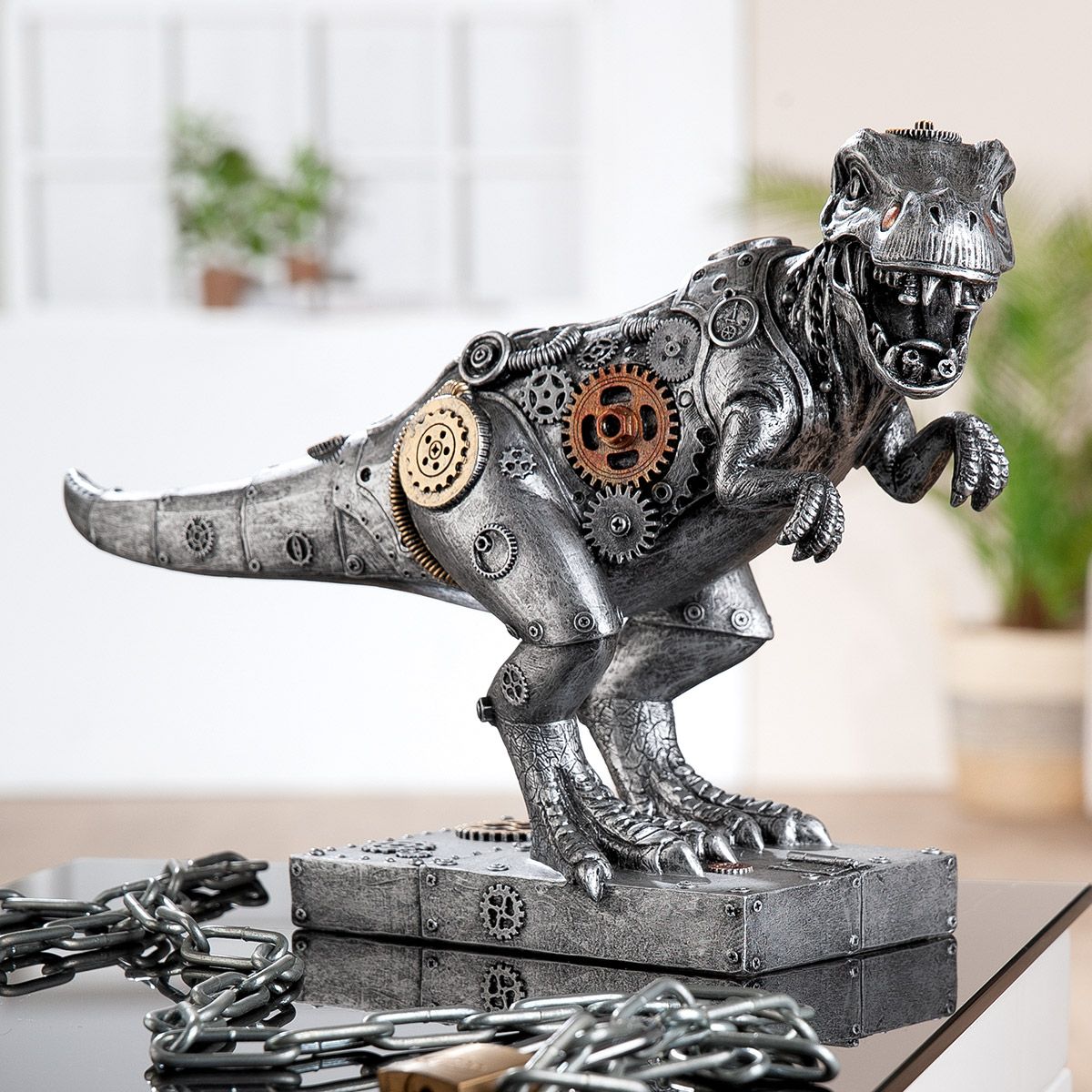 Steampunk T Rex Skulptur Mechanosaurus Rex Silberfarben Dekofigur