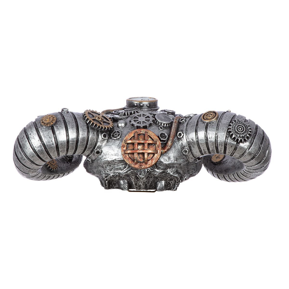 Steampunk Büffel Wandobjekt aus Kunstharz - Silber 40x31,5 cm