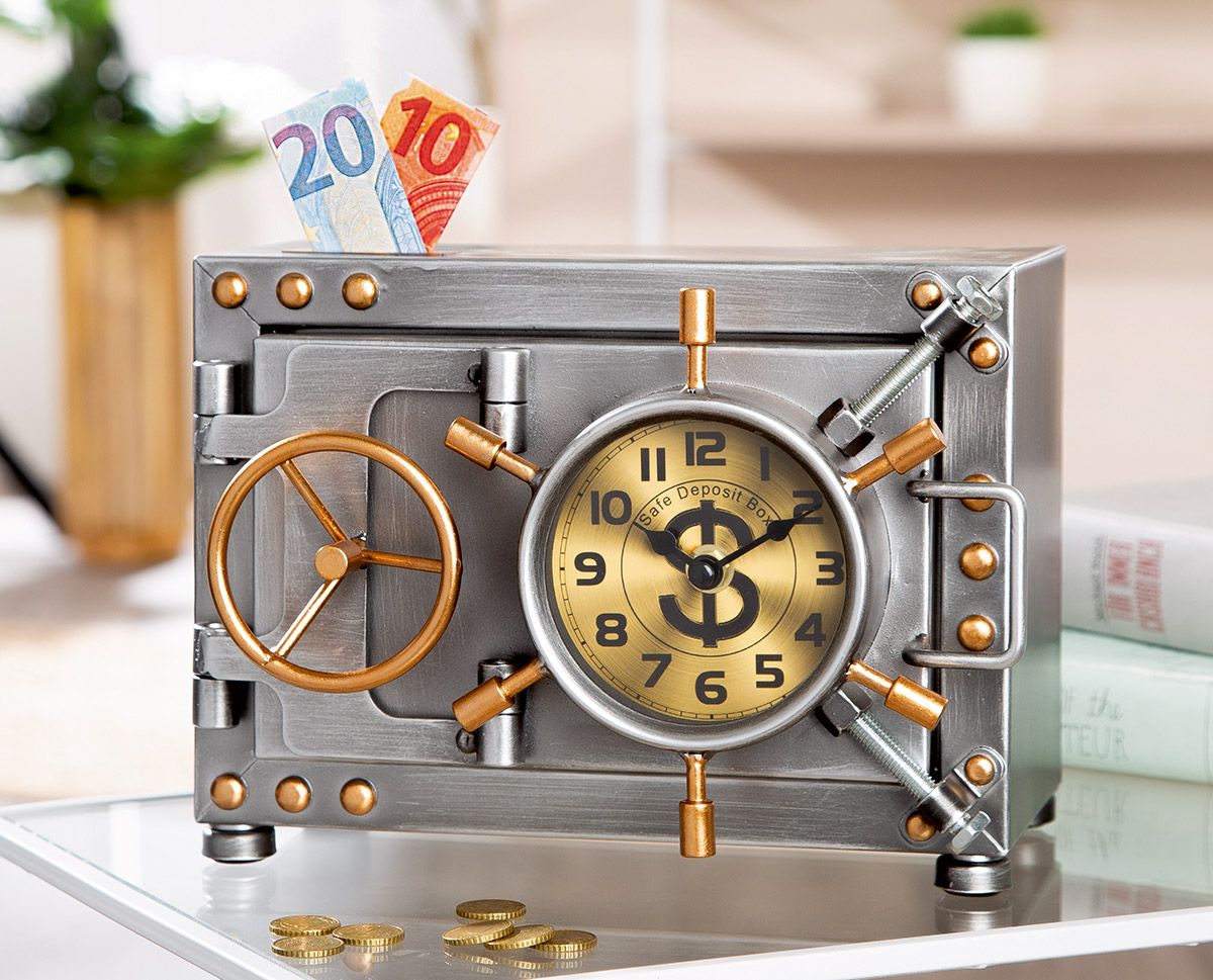 Steampunk Spardose Tresor Uhr Metall Silber 24 cm