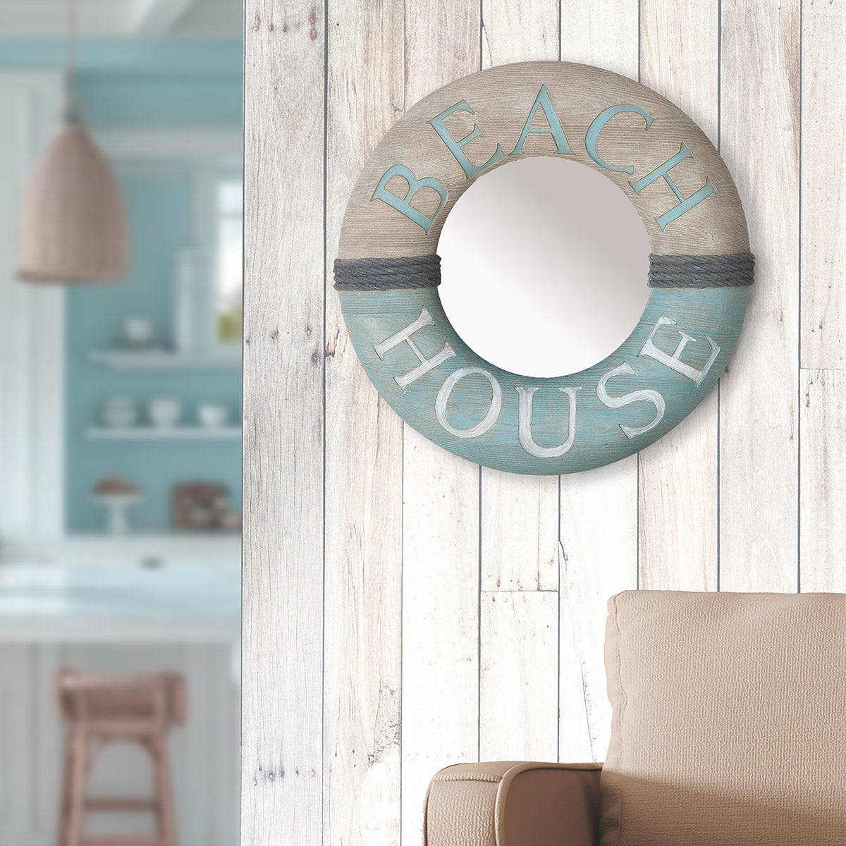 Wandspiegel Beach House Maritim rund in Holzoptik mit Seil