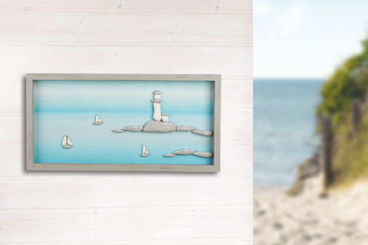 Steinbild Mare Leuchtturm Handgefertigt 3D Weiß Maritim