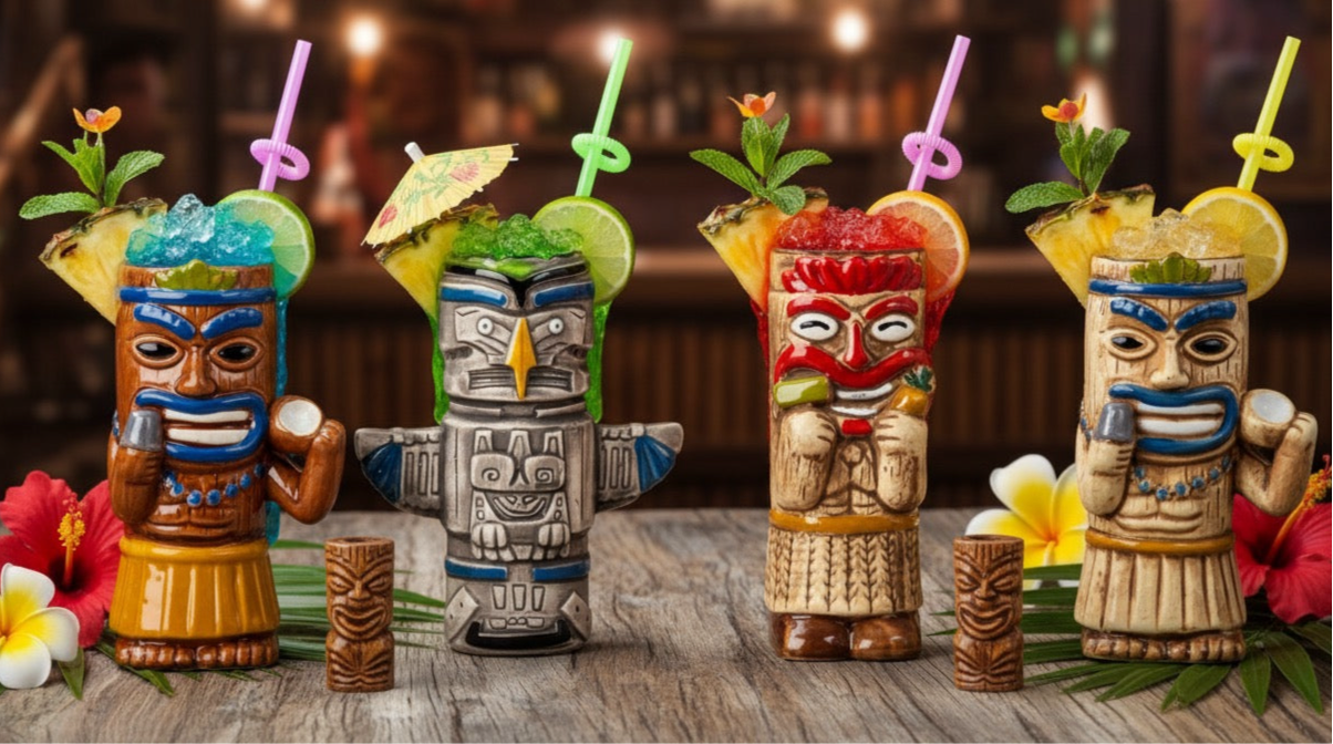 Tiki Cocktailbecher Keramik Set 4er Sortiert