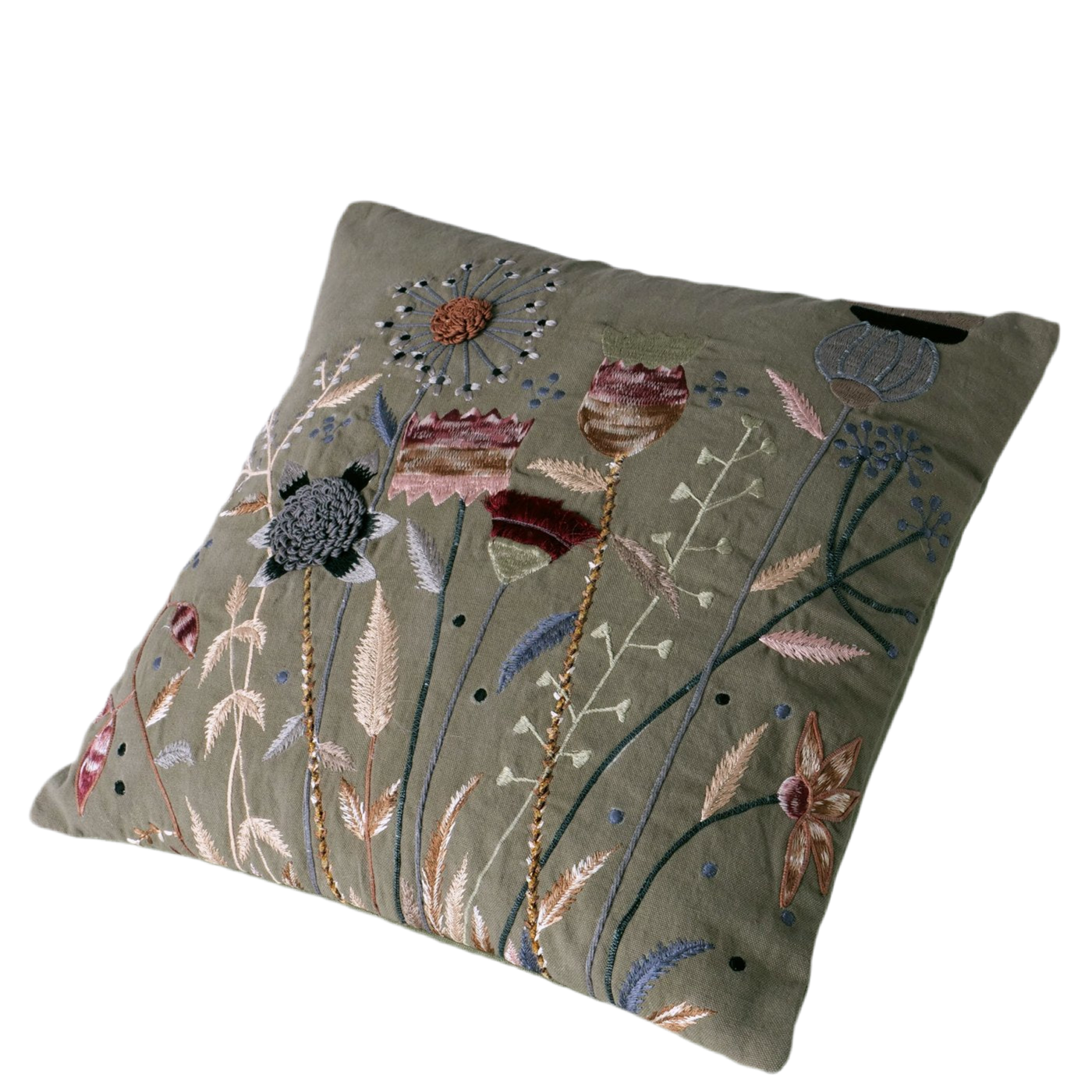 Kissenbezug Botanica Verde 45x45 cm Handbestickt Florales Design Oliv