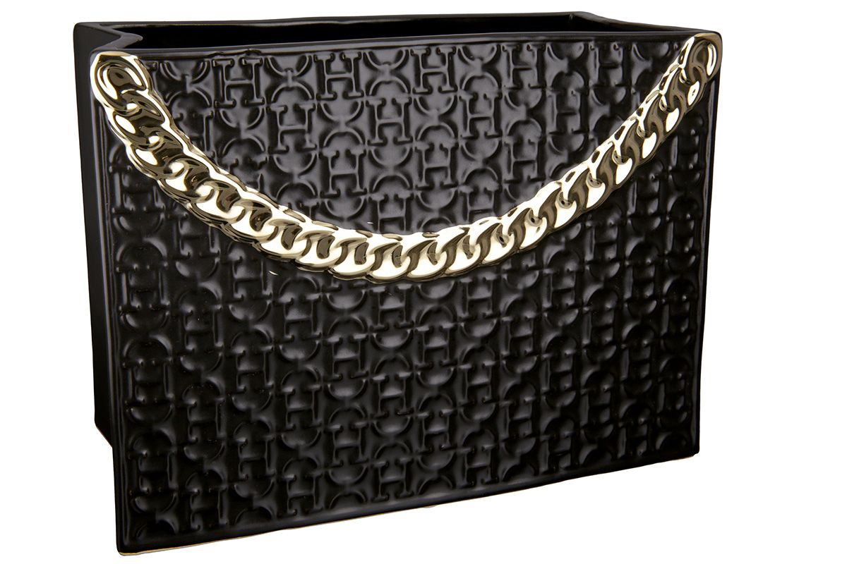 Designer Keramikvase 'Rom' in Handtaschenform mit Kettenhenkel – 20x25,5 cm schwarz