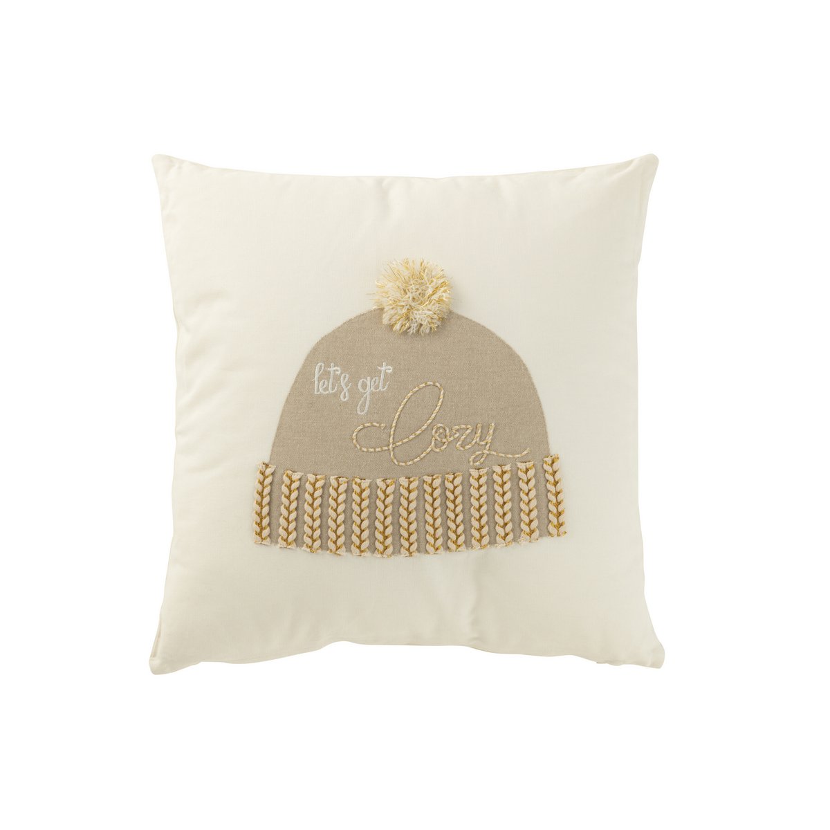 Deko-Kissen Let’s Get Cozy mit Mütze-Design, Baumwolle Weiß/Beige