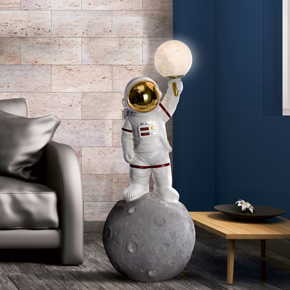 Stehlampe Astronaut mit Mondlampe Weiss Gold 93cm