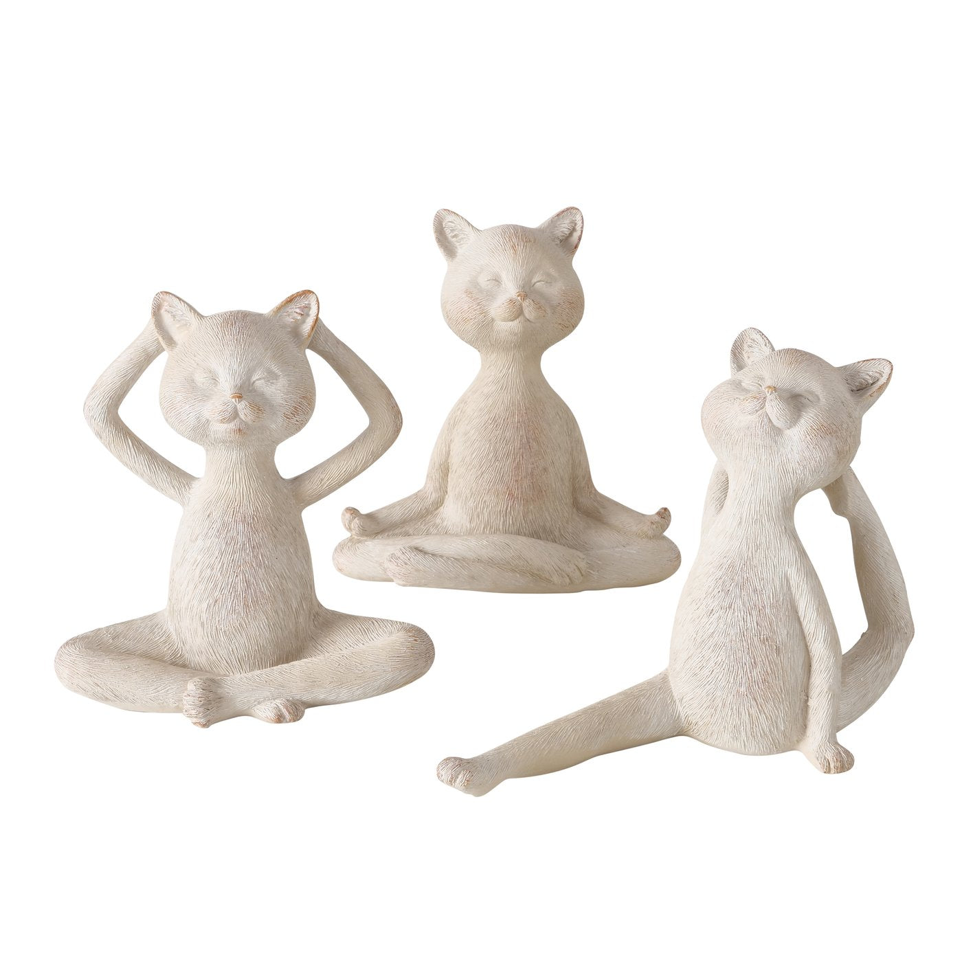3er Set Yoga Katzen Dekofiguren LUNA – 15 cm Beige