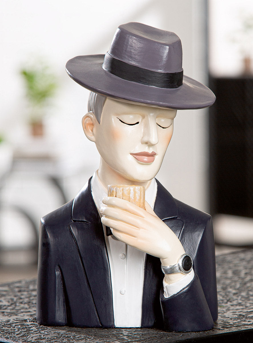 Dekofigur Gentleman mit Whiskyglas Handbemalt Schwarz Grau 19cm