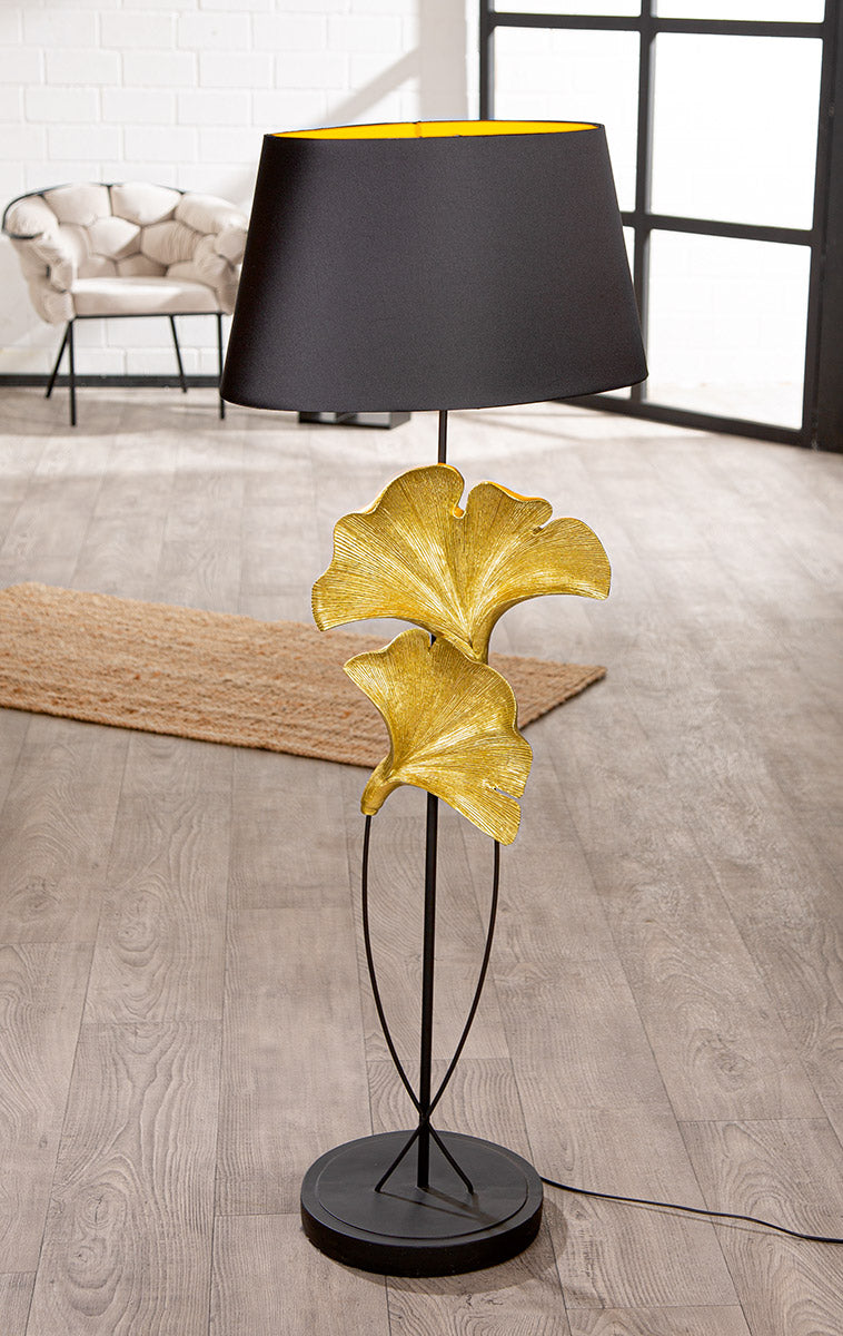 Ginkgo Glow Stehleuchte Schwarz Gold mit Ginkgoblättern 132cm