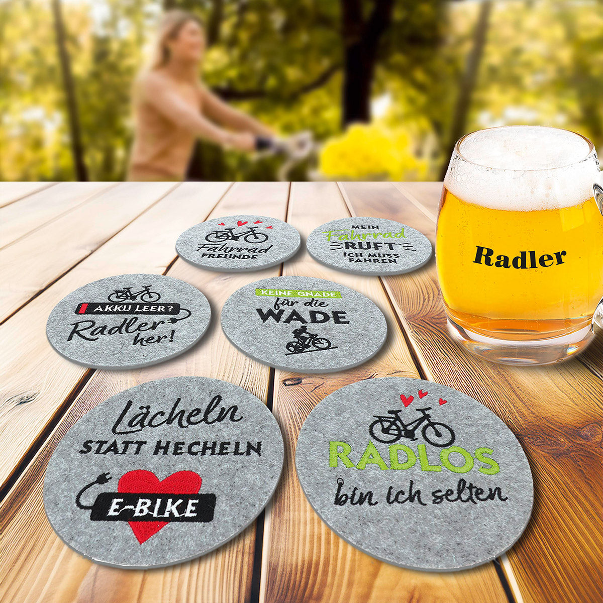 Fahrradliebe Untersetzer 6er Set Rund Filz Sprüche Hellgrau 10cm