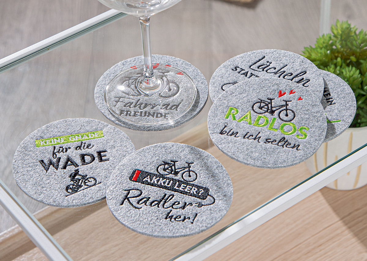 Fahrradliebe Untersetzer 6er Set Rund Filz Sprüche Hellgrau 10cm
