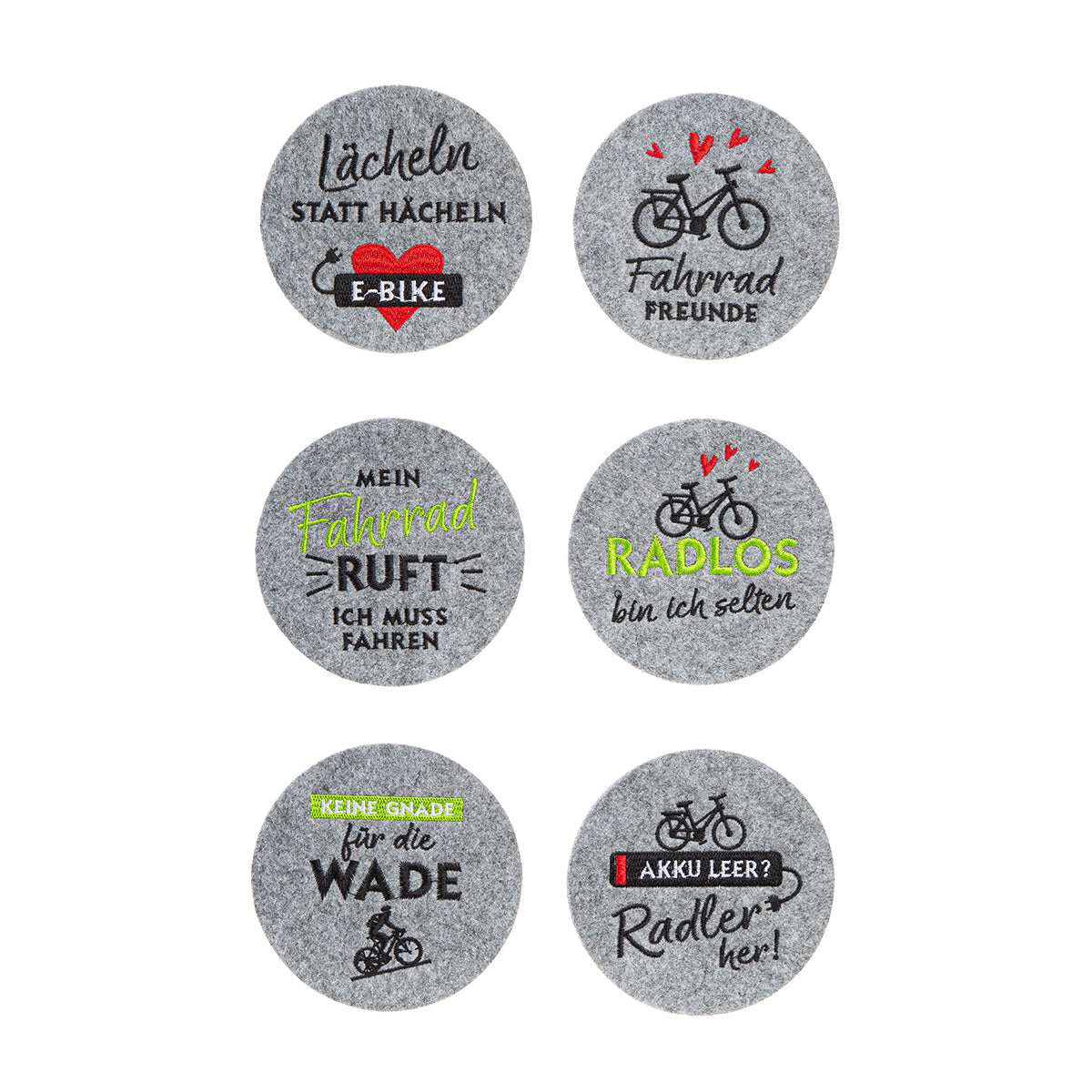 Fahrradliebe Untersetzer 6er Set Rund Filz Sprüche Hellgrau 10cm