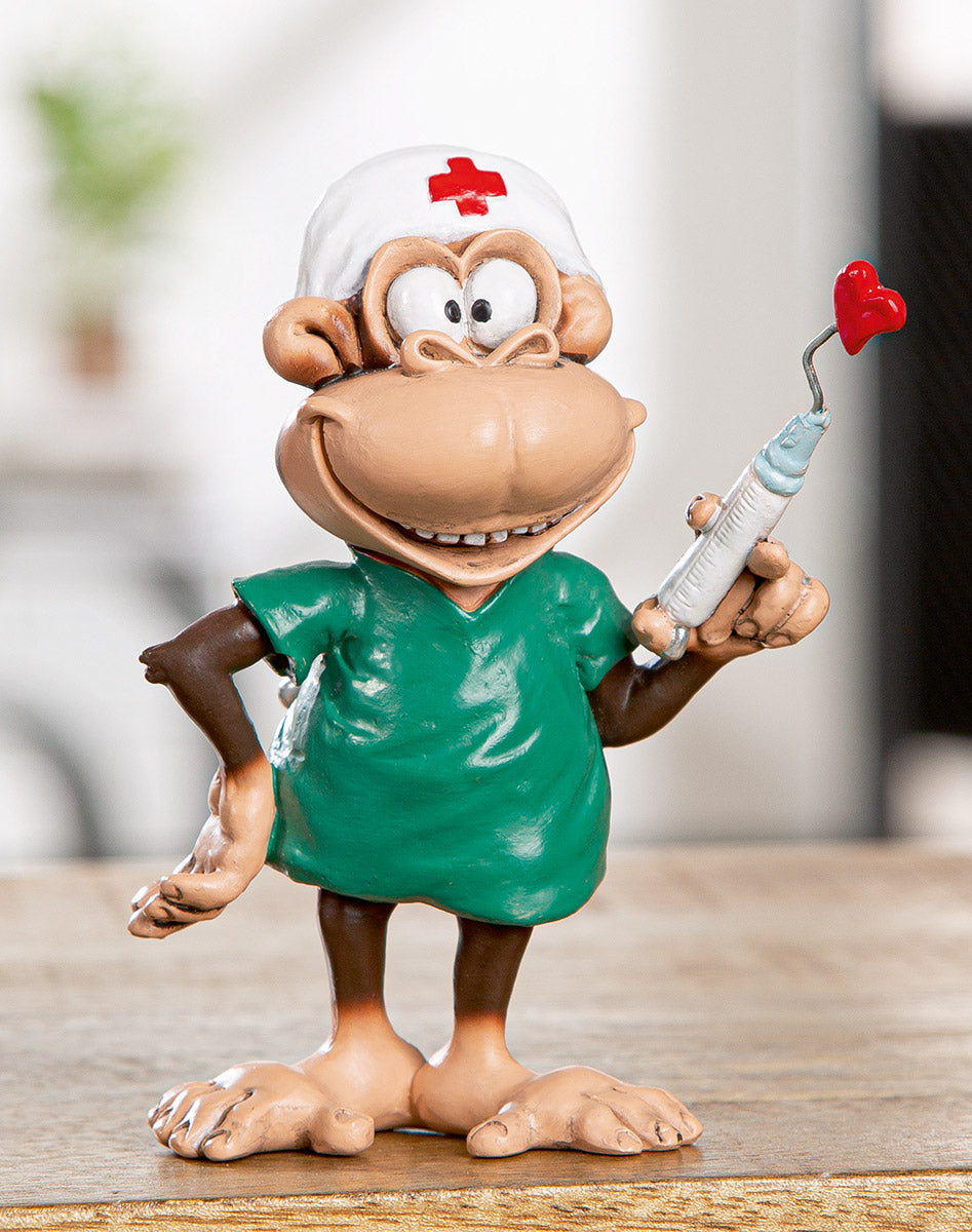 Nurse Monkey Affenfigur Pfleger mit Spritze Deko Blau Braun 12cm