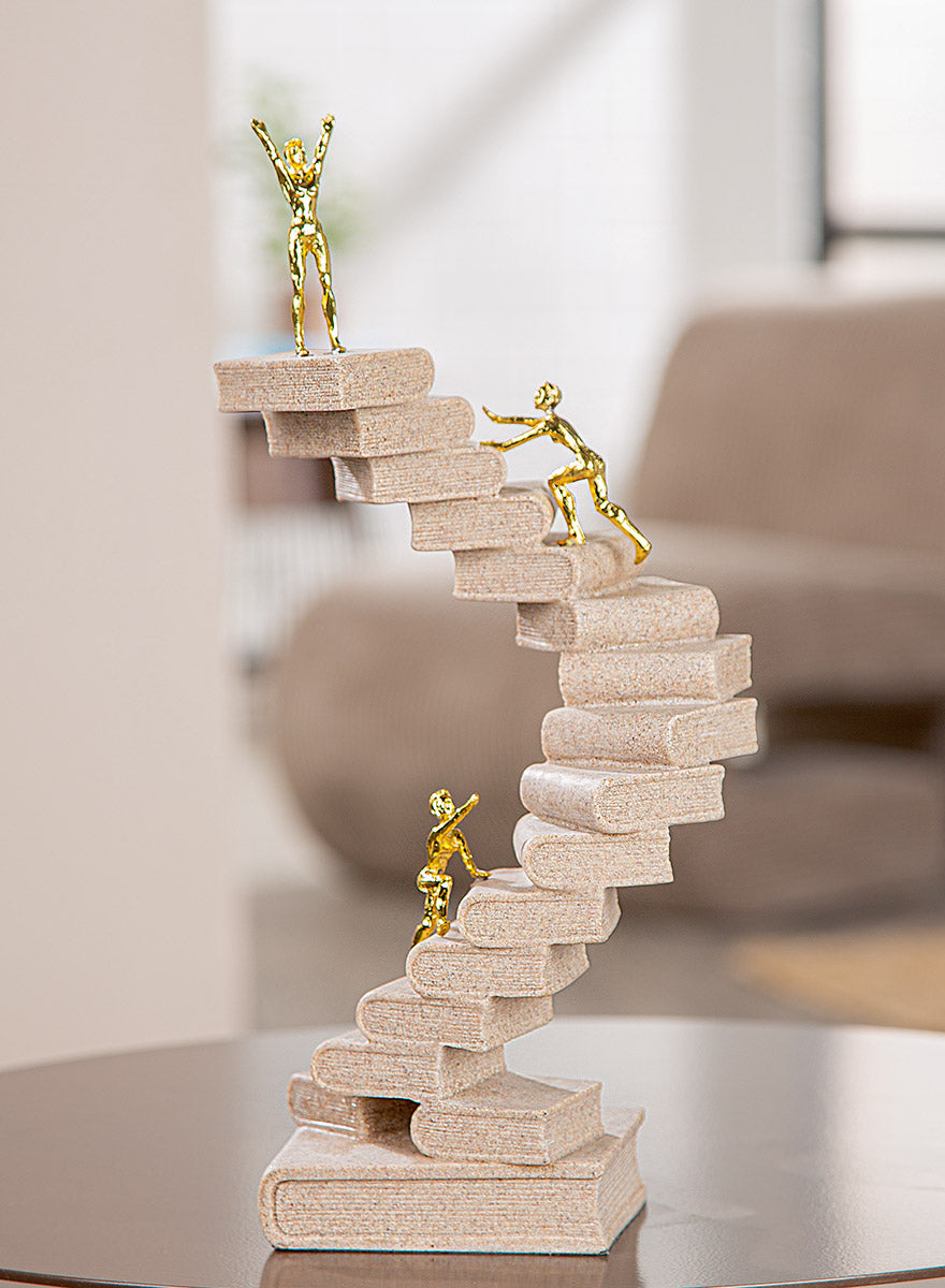 Skulptur Wissensweg Bücher Treppe Creme Gold 30cm