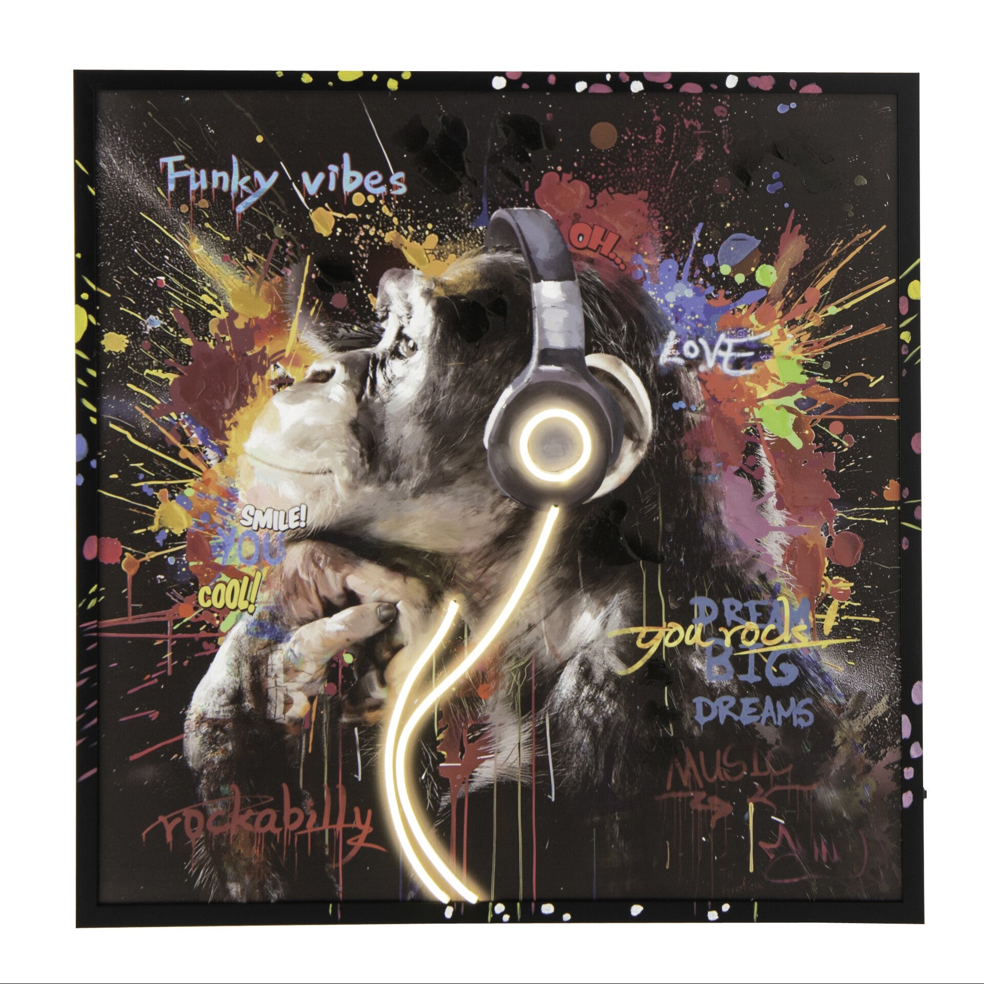 Neon Groove Monkey LED Wandbild mit Kopfhörer 83 x 83 cm