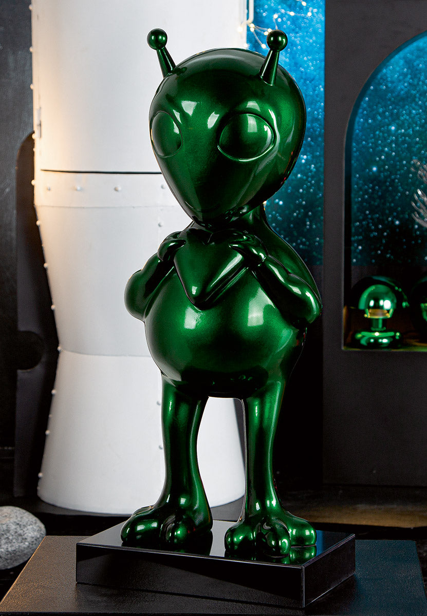 Alien Design Skulptur gruen Hochglanz aus Kunstharz mit Marmorbasis