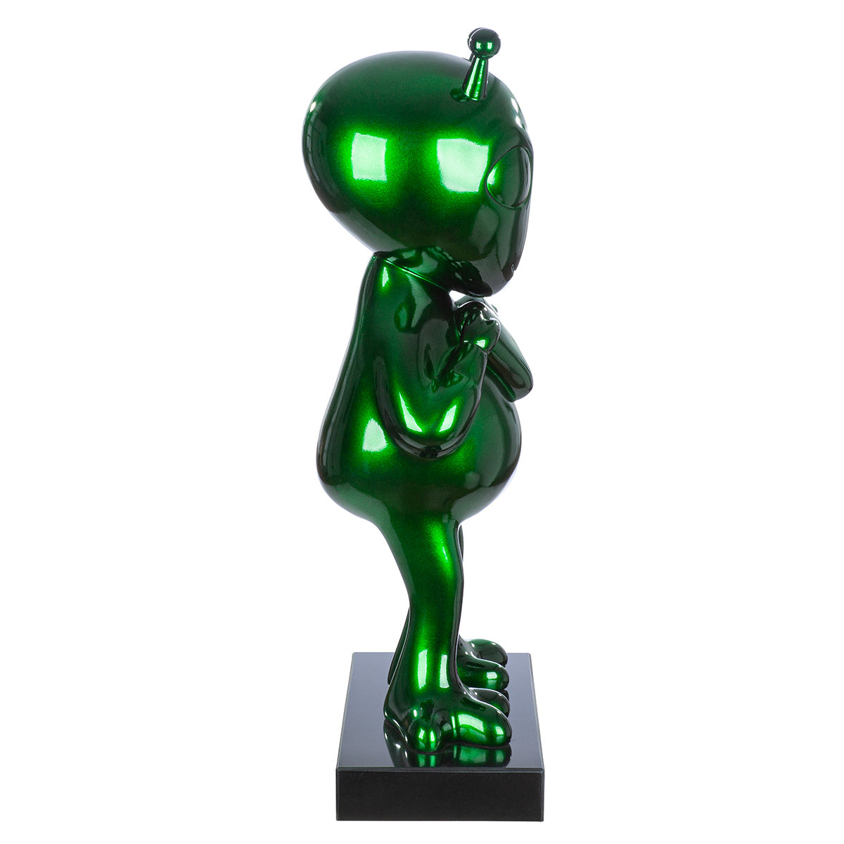 Alien Design Skulptur gruen Hochglanz aus Kunstharz mit Marmorbasis