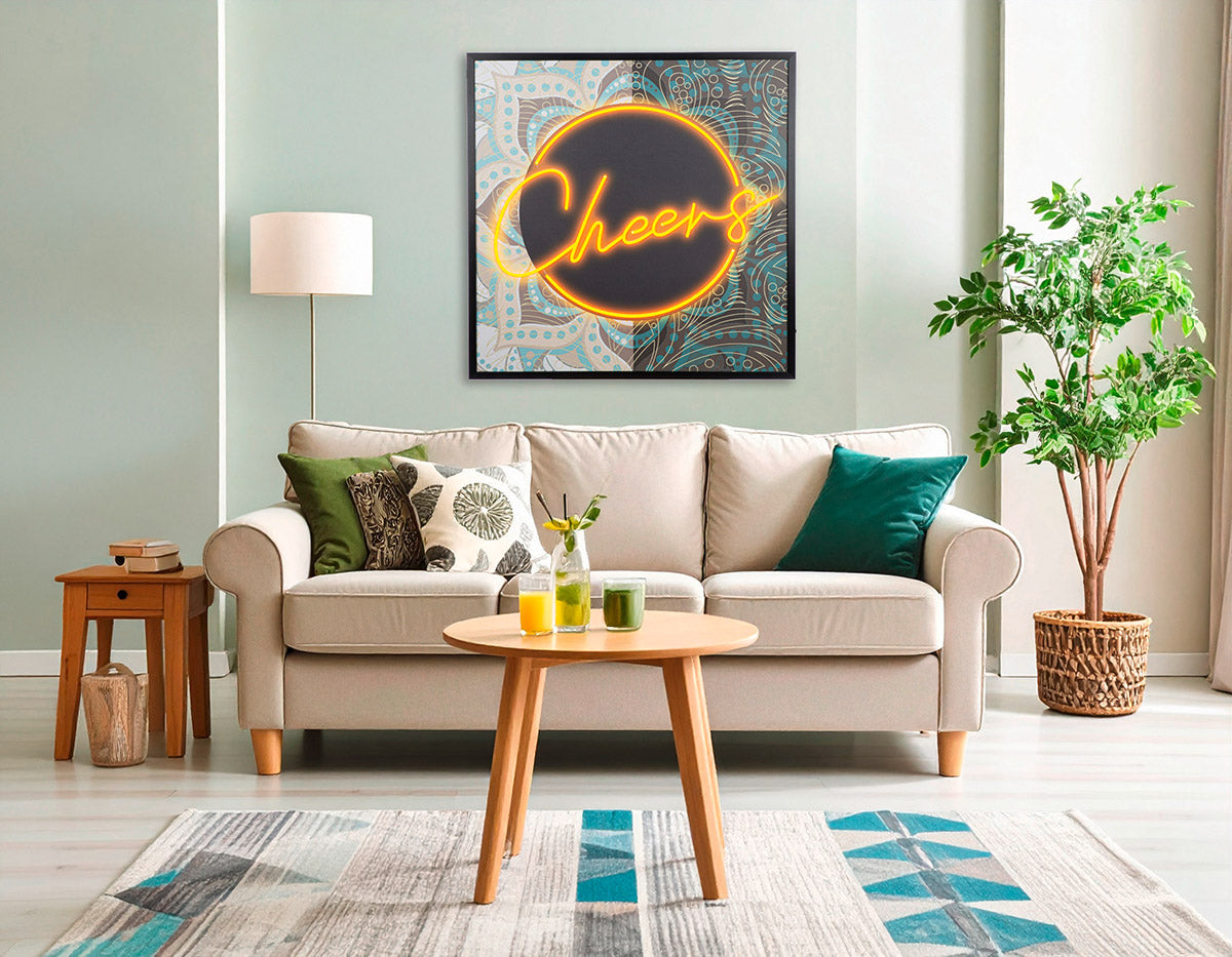 LED Bild Cheers Leinwand quadratisch mit Schriftzug beleuchtet
