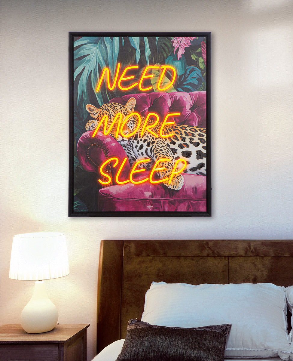 Leinwandbild Need more sleep Leopard LED modern Schriftzug 63x83 cm