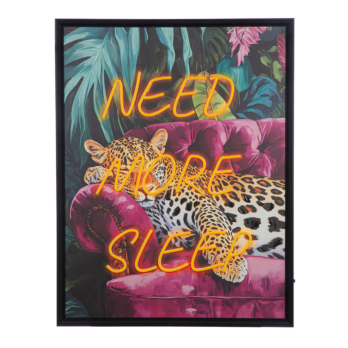 Leinwandbild Need more sleep Leopard LED modern Schriftzug 63x83 cm