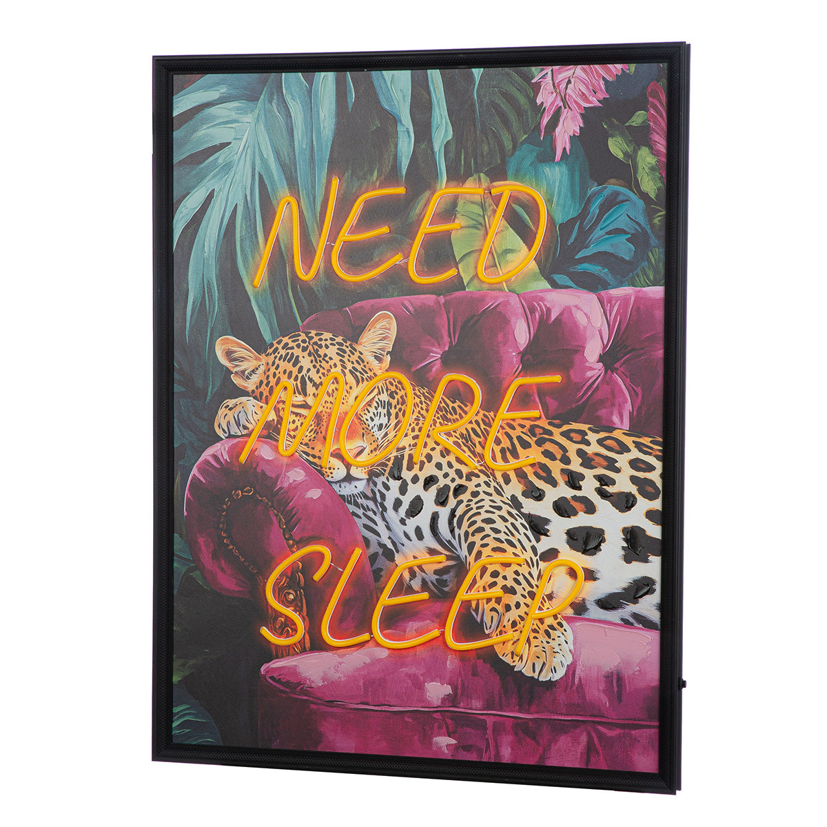 Leinwandbild Need more sleep Leopard LED modern Schriftzug 63x83 cm