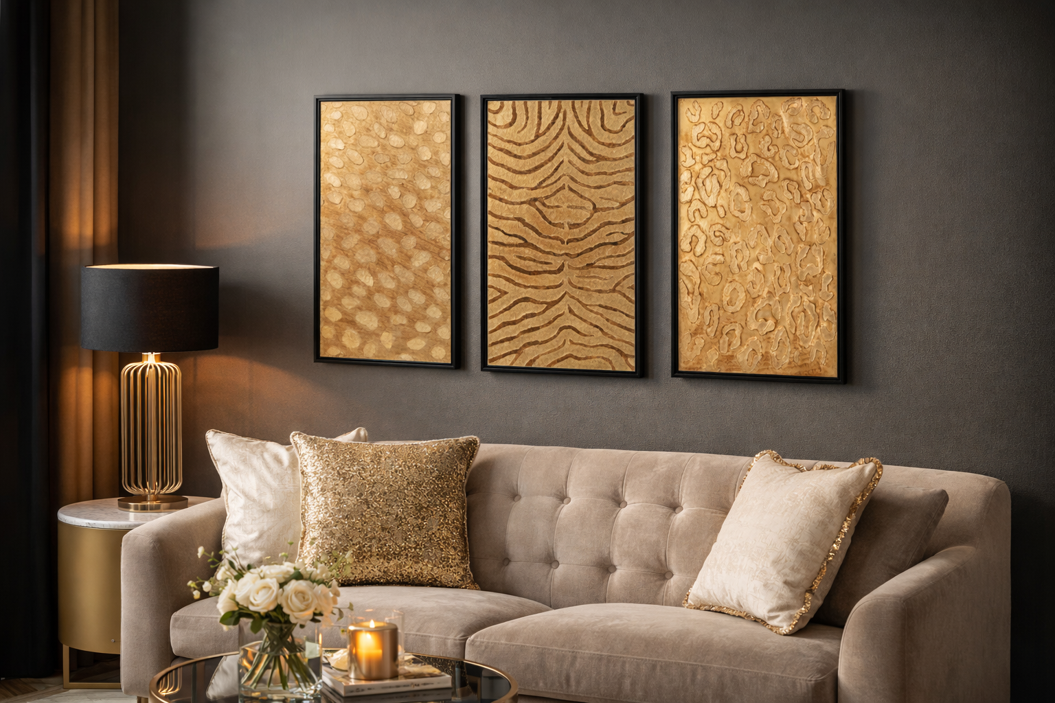 Tierische Eleganz Wandbild Set Gold Schwarz